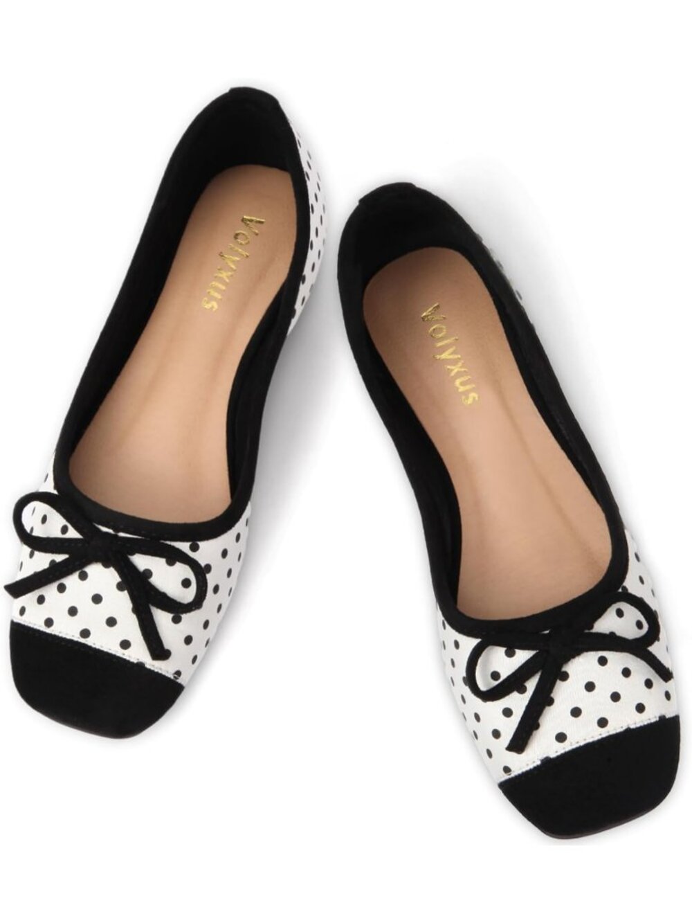 Women's White Dot Two Tone Cap Toe Ballet Flats Bow Square Toe Slip On Shoes